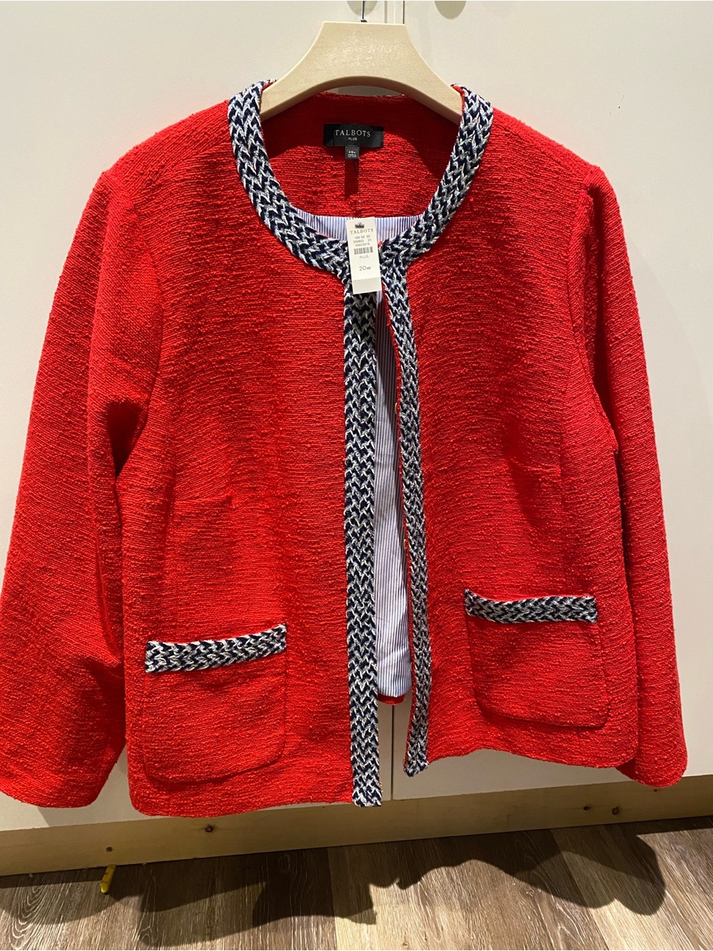 Talbots Red Bouclé Open-Front Jacket with Navy Trim